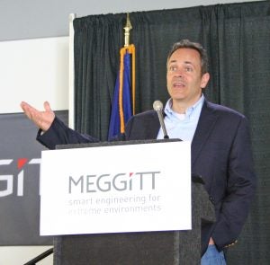 Kendra Peek/kendra.peek@amnews.com Gov. Matt Bevin addresses the employees and visitors to Meggitt Aircraft Braking Sytems, celebrating a $9.3 million expansion project.