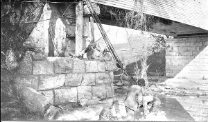 Abutment repairs are made to the Hedgeville Bridge over Hanging Fork at the Boyle-Lincoln County line. The bridge was repaired in 1916 and replaced by a concrete structure in 1941.