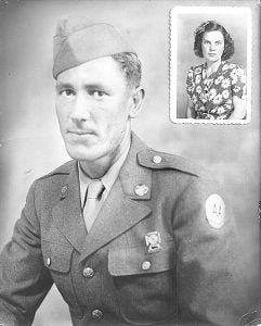 Riley Marcum is shown in the 1940s in his Army uniform with Nora in the top right corner.