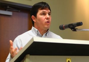 Ben Kleppinger/ben.kleppinger@amnews.com Brandon Marcum with Harshaw Trane speaks to Danville City Commission members Wednesday about a 20-year energy efficiency project that would require $8 million in bonds but pay for itself over time.