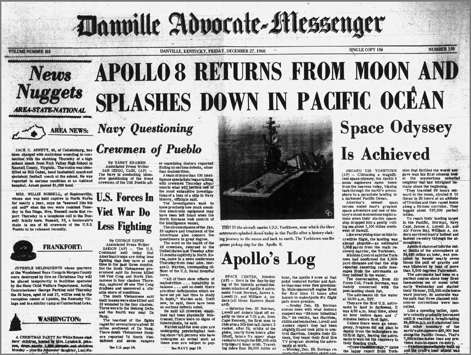 Front page history: Apollo 8 returned to earth 50 years ago today - The Advocate-Messenger | The ...