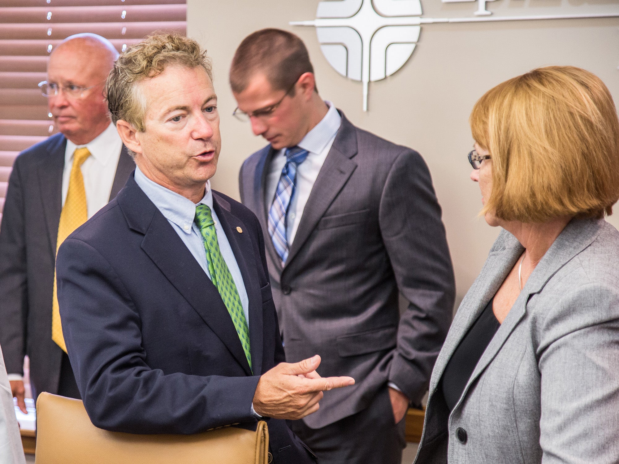 U.S. Sen. Rand Paul speaks with former Chamber of Commerce Director Paula Fowler during a visit to Danville in 2017 for a roundtable event on health care. (File photo by Ben Kleppinger)